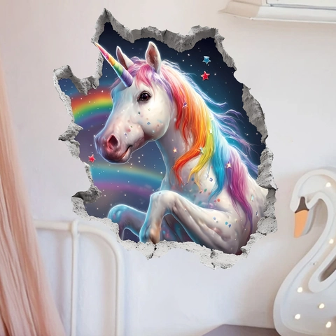 Sticker Mural 3D Mur Brisé Licorne PVC Arc-en-Ciel Étoile Mural Auto-adhésif pour Chambre d'Enfant Salon Décoration Maison