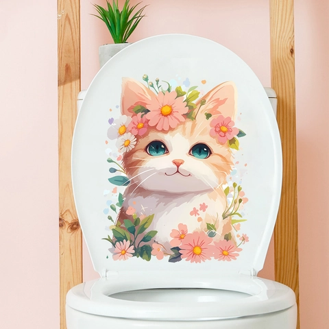 Cute Cartoon Flower Cat Wall Sticker Waterproof PVC Toilet Lid Decal Removable Animal Art Sticker For Bathroom Home Decor