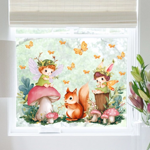 Waldfee Eichhörnchen Pilz Schmetterling Fensterbilder Statisch Haftend PVC Aufkleber Für Schlafzimmer Wohnzimmer Dekoration