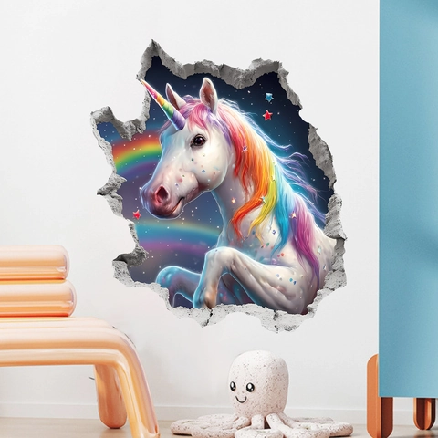 Sticker Mural 3D Mur Brisé Licorne PVC Arc-en-Ciel Étoile Mural Auto-adhésif pour Chambre d'Enfant Salon Décoration Maison