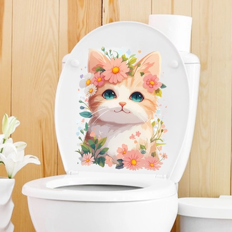 Cute Cartoon Flower Cat Wall Sticker Waterproof PVC Toilet Lid Decal Removable Animal Art Sticker For Bathroom Home Decor