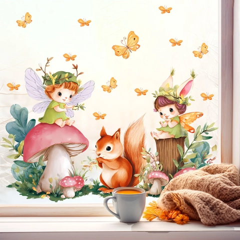 Waldfee Eichhörnchen Pilz Schmetterling Fensterbilder Statisch Haftend PVC Aufkleber Für Schlafzimmer Wohnzimmer Dekoration