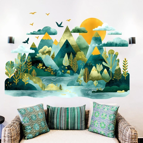 Chinesischer Stil Landschaft Wandtattoo Goldprägung Berg Sonne Vogel PVC Selbstklebende Wandaufkleber Für Wohnzimmer Dekor