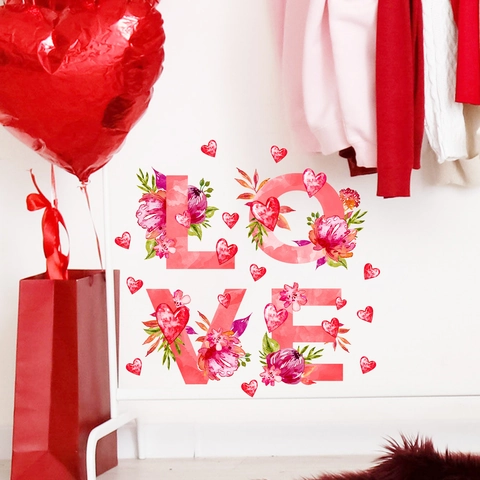 Sticker Mural LOVE Floral de la Saint-Valentin en PVC Auto-Adhésif Aquarelle Fleur Cœur Décalcomanie pour Chambre Salon
