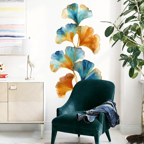 Adesivi da Parete Rimovibili con Foglie di Ginkgo Colorate per Soggiorno Camera da Letto PVC Autoadesivo Botanico Floreale