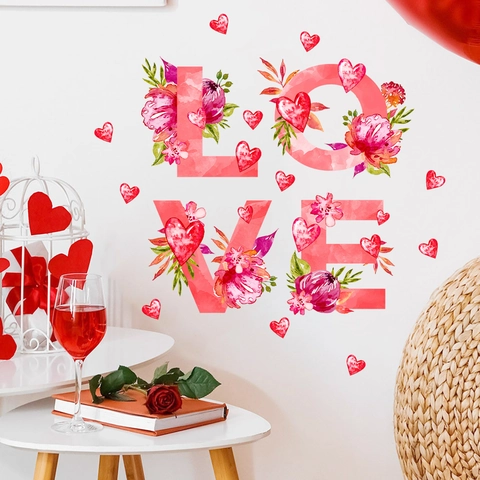 Sticker Mural LOVE Floral de la Saint-Valentin en PVC Auto-Adhésif Aquarelle Fleur Cœur Décalcomanie pour Chambre Salon