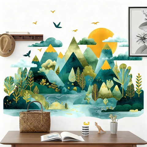 Chinesischer Stil Landschaft Wandtattoo Goldprägung Berg Sonne Vogel PVC Selbstklebende Wandaufkleber Für Wohnzimmer Dekor