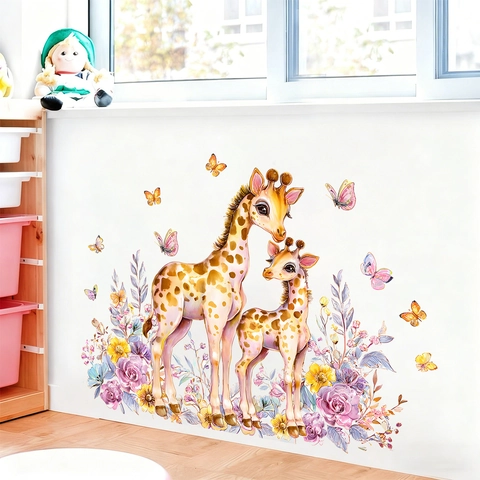 Stickers Muraux Girafe Mère Et Bébé Dessin Animé Aquarelle Papillon Fleur PVC Auto-Adhésif Décalcomanie Décorative Pour Décor De Chambre D'Enfant