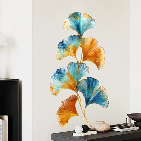 Adesivi da Parete Rimovibili con Foglie di Ginkgo Colorate per Soggiorno Camera da Letto PVC Autoadesivo Botanico Floreale