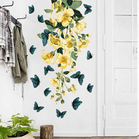 Yellow Flower And Butterfly Wall Sticker PVC Removable Self Adhesive Floral Wall Decal For Bedroom Living Room Study Home Decor