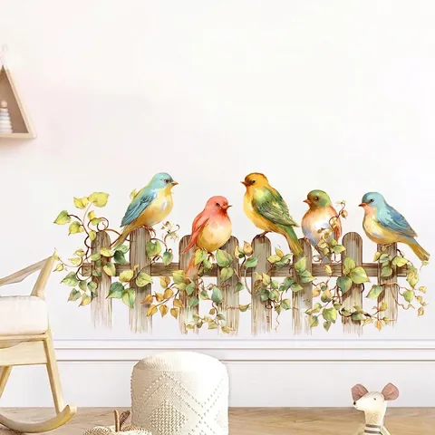 Watercolor Colorful Birds On Fence Wall Sticker Self Adhesive PVC Decal For Living Room Bedroom Home Background Decoration