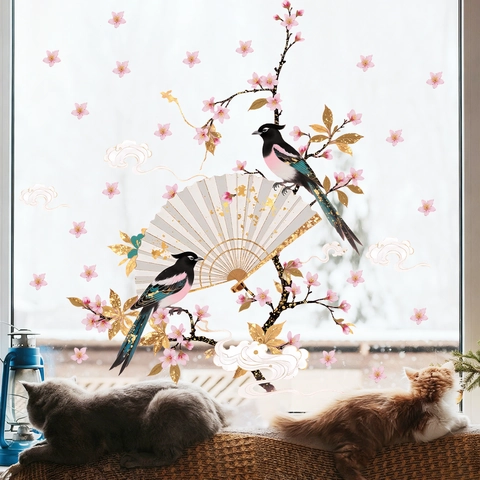 Chinese Style Static Cling Window Sticker Birds Peach Blossom Fan Glass Decal For Bedroom Living Room Decoration