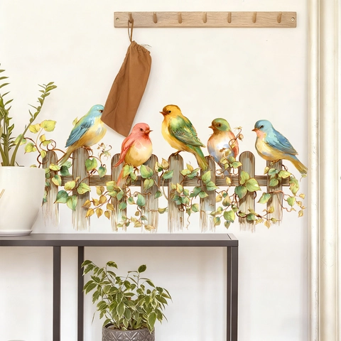 Watercolor Colorful Birds On Fence Wall Sticker Self Adhesive PVC Decal For Living Room Bedroom Home Background Decoration