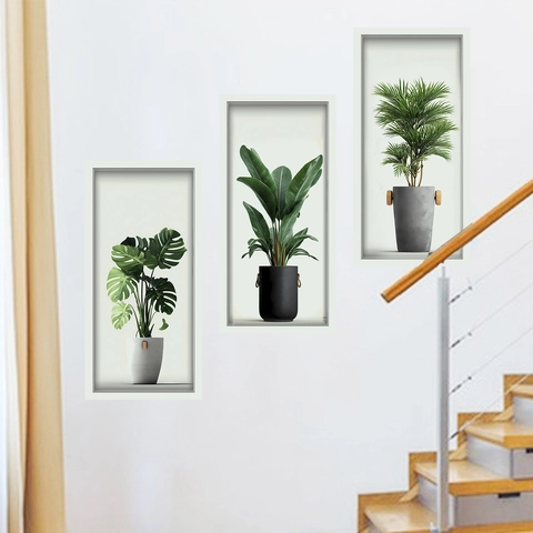 Moderne 3D Visuele Tropische Planten Muurstickers Monstera Paradijsvogelbloem Potplanten PVC Zelfklevend Home Decor Arrangement