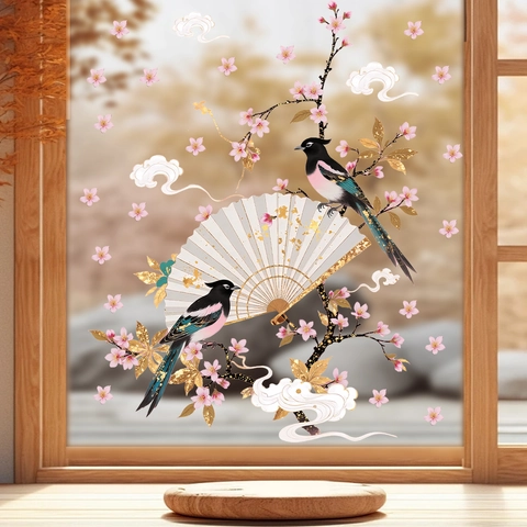 Chinese Style Static Cling Window Sticker Birds Peach Blossom Fan Glass Decal For Bedroom Living Room Decoration