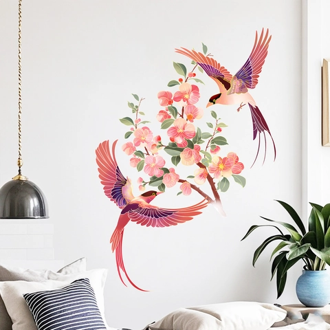 Romantische Blume Und Vogel Wandaufkleber PVC Selbstklebend Wasserdicht Wandtattoos Für Wohnzimmer Schlafzimmer Deko