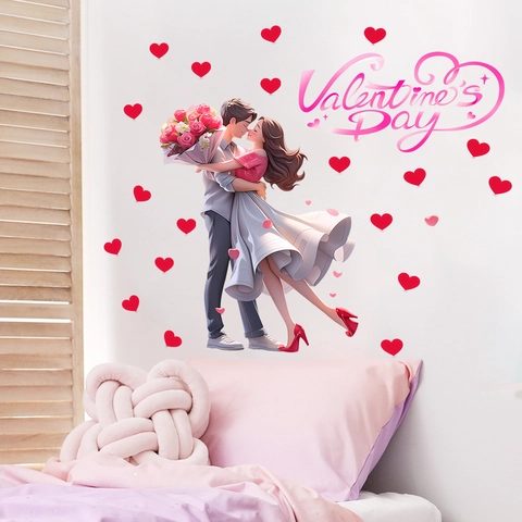 Vinilo de Pared Romántico Pareja Dibujos Animados San Valentín PVC Autoadhesivo Patrón Corazón Rosa Decoración para Dormitorio Sala de Estar