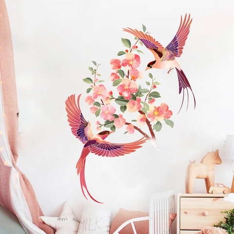 Romantische Blume Und Vogel Wandaufkleber PVC Selbstklebend Wasserdicht Wandtattoos Für Wohnzimmer Schlafzimmer Deko