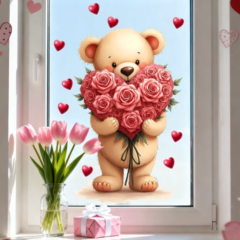 Pegatina Estática para Ventana Oso de Peluche con Corazón de Rosas PVC Decorativa para Vidrio para el Día de San Valentín
