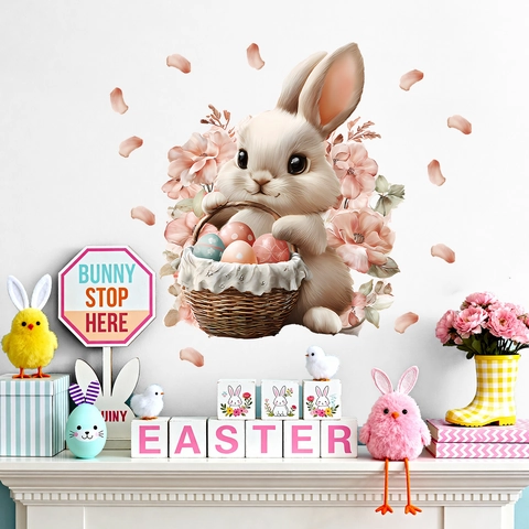 Adesivo da Parete Coniglio di Pasqua Cesto di Uova Fiori PVC Decalcomanie Floreali per Soggiorno Camera da Letto Festa