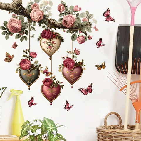 Retro Rose Ast Herz Anhänger Schmetterling Wandaufkleber PVC Wasserdicht Abnehmbar DIY Kunst Dekal Für Valentinstag Dekor