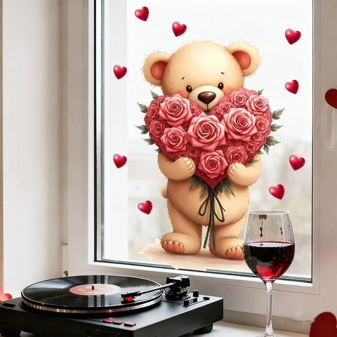 Pegatina Estática para Ventana Oso de Peluche con Corazón de Rosas PVC Decorativa para Vidrio para el Día de San Valentín