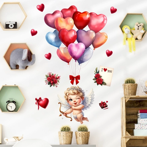 Valentinstag Amor Herz Ballon Wandtattoo Romantische PVC Engel Rose Aufkleber Für Hochzeit Party Schlafzimmer Haus Dekoration