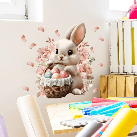 Adesivo da Parete Coniglio di Pasqua Cesto di Uova Fiori PVC Decalcomanie Floreali per Soggiorno Camera da Letto Festa