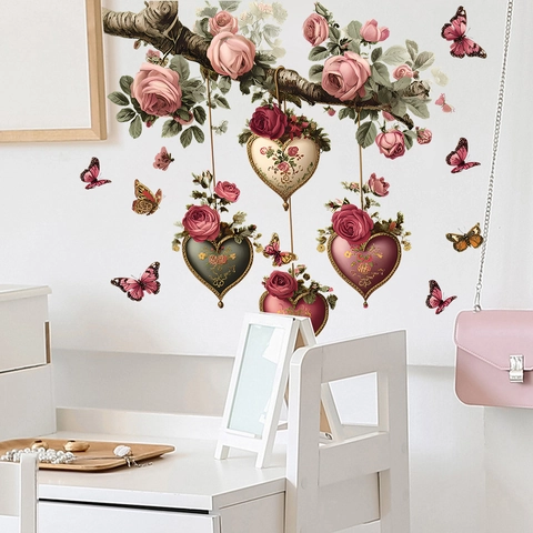 Retro Rose Ast Herz Anhänger Schmetterling Wandaufkleber PVC Wasserdicht Abnehmbar DIY Kunst Dekal Für Valentinstag Dekor