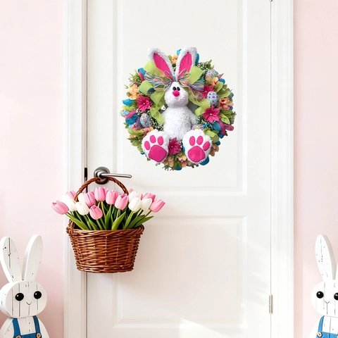 Pegatina de Pared de Guirnalda de Conejo de Pascua PVC Impermeable Autoadhesiva Calcomanía de Puerta para Dormitorio Sala de Estar Decoración