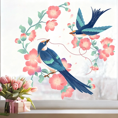Ästhetische Blume Und Vogel Statische Fensterfolie PVC Abnehmbare Glasaufkleber Kirschblüte Dekor Für Schlafzimmer Wohnzimmer