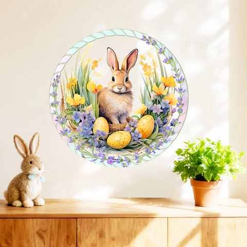 Adesivo da Parete Pasquale Con Coniglio Uova Fiori Tondo Acquerello PVC Autoadesivo per Soggiorno Camera da Letto Festa