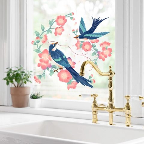 Ästhetische Blume Und Vogel Statische Fensterfolie PVC Abnehmbare Glasaufkleber Kirschblüte Dekor Für Schlafzimmer Wohnzimmer