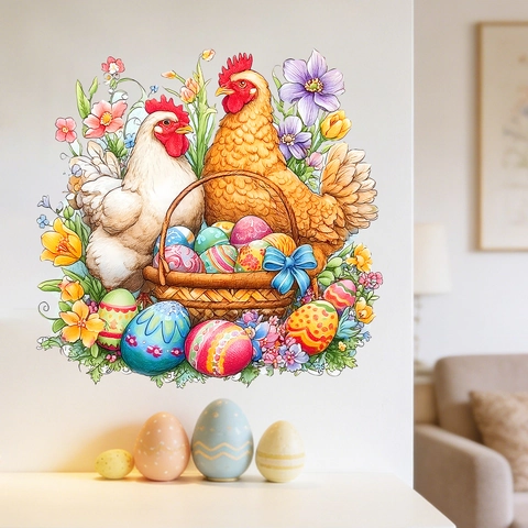Easter Wall Stickers Rooster Hen Eggs Flower Decor Self Adhesive PVC Decal For Living Room Bedroom Home Wall Decoration