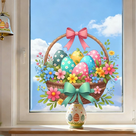 Aquarell Osterei Blumenkorb Fenster Statische Haftung Aufkleber PVC Abnehmbar Urlaub Dekor Für Wohnzimmer Home Dekoration