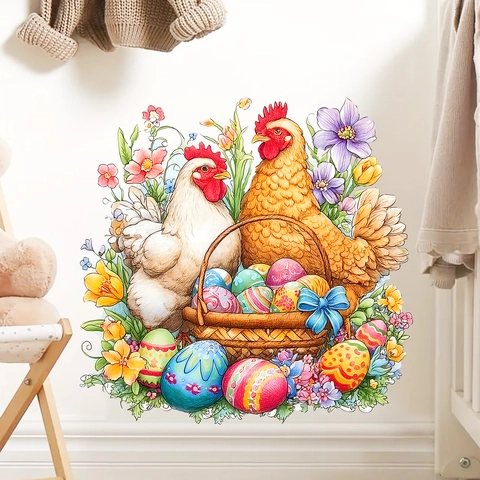 Easter Wall Stickers Rooster Hen Eggs Flower Decor Self Adhesive PVC Decal For Living Room Bedroom Home Wall Decoration