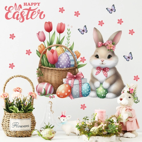 Easter Bunny Floral Eggs Wall Stickers PVC Self Adhesive Removable Decals For Kids Bedroom Living Room Home Decoration