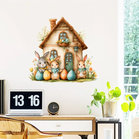 Autocollant Mural Maison Lapin de Pâques PVC Auto-adhésif Aquarelle Œufs Décalcomanie pour Chambre d'Enfant Salon Maison