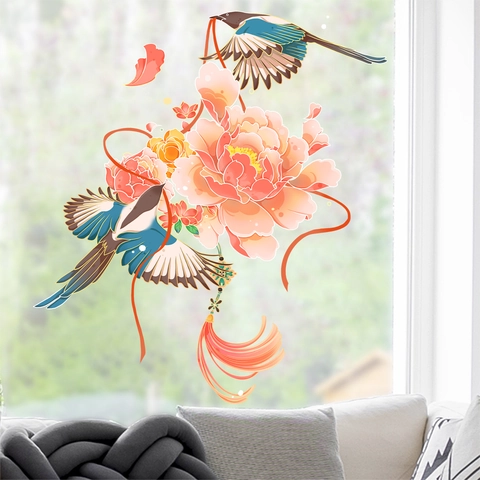 Chinese Style Peony Flower Magpie Bird Static Cling Window Sticker PVC Waterproof Glass Decal For Home Living Room Decor