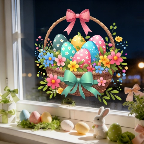 Aquarell Osterei Blumenkorb Fenster Statische Haftung Aufkleber PVC Abnehmbar Urlaub Dekor Für Wohnzimmer Home Dekoration