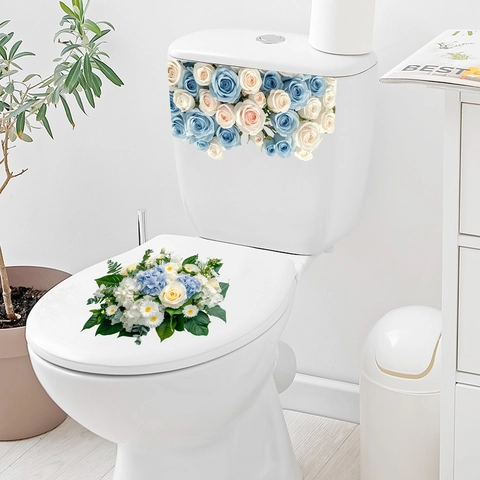 Waterproof Floral Toilet Seat Sticker PVC Wall Decal Blue Rose Hydrangea Daisy Flower For Bathroom Restroom Decoration
