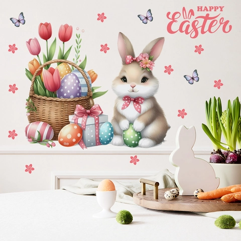 Easter Bunny Floral Eggs Wall Stickers PVC Self Adhesive Removable Decals For Kids Bedroom Living Room Home Decoration