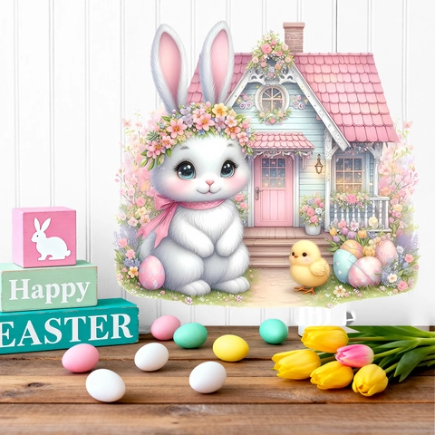 Cartoon Easter Bunny Egg Floral Wall Stickers PVC Self Adhesive Removable Rabbit Decal For Children Kids Room Living Room Decor
