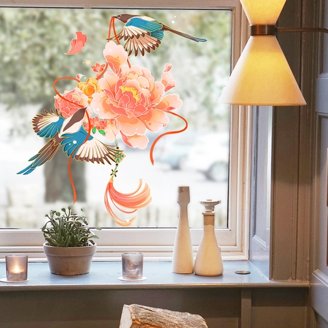 Chinese Style Peony Flower Magpie Bird Static Cling Window Sticker PVC Waterproof Glass Decal For Home Living Room Decor