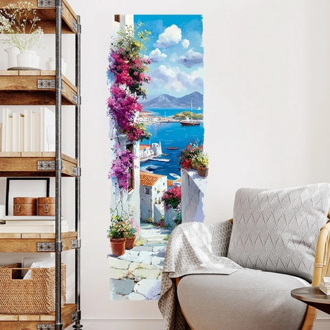 Mediterraner Ölgemälde-Stil Landschaft Wandaufkleber PVC Selbstklebend Wasserdicht Landschaftsdekal Für Wohnzimmer Wohndekor