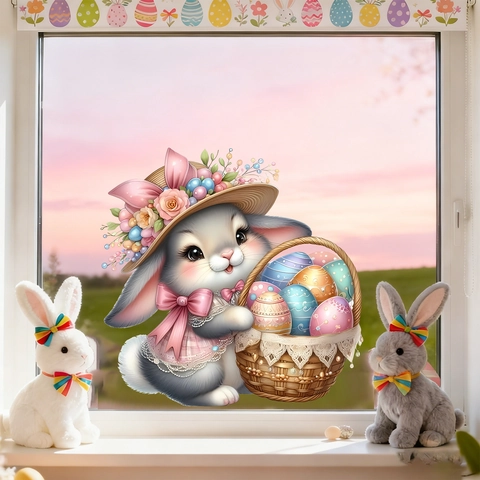 Süßer Osterhase Ei Fensteraufkleber Statisch Haftend PVC Glasaufkleber Für Wohnzimmer Schlafzimmer Feiertag Heimdekoration Ohne Kleber