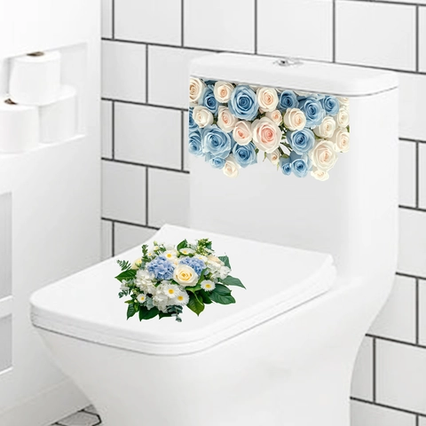 Waterproof Floral Toilet Seat Sticker PVC Wall Decal Blue Rose Hydrangea Daisy Flower For Bathroom Restroom Decoration