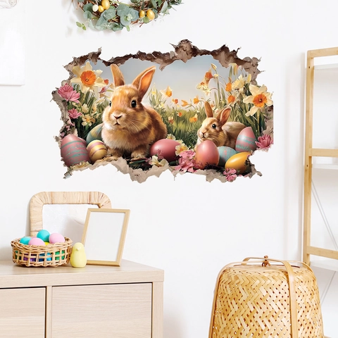Easter Rabbit Colorful Eggs Flowers 3D Broken Wall Effect PVC Wall Sticker Waterproof Self Adhesive Decal For Kids Room Decor