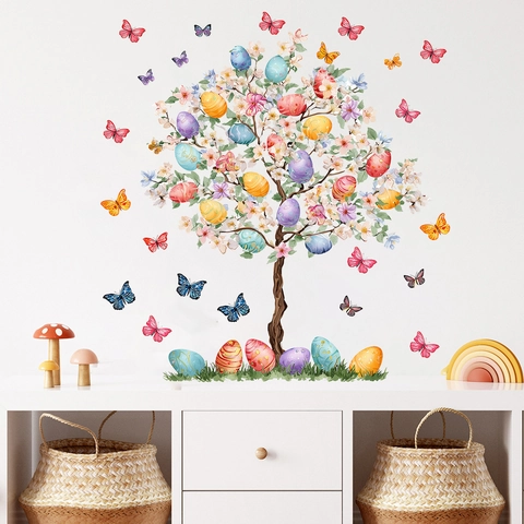 Easter Egg Tree And Butterfly Wall Stickers PVC DIY Waterproof Decorative Decal For Living Room Kids Bedroom