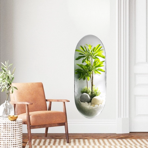 Adesivo da Parete Creativo 3D a Forma di Capsula Pianta in Vaso Autoadesivo in PVC Decorazione Verde Soggiorno Moderno